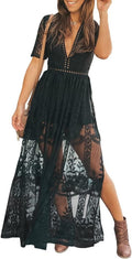 Women'S Deep V-Neck Lace Romper Short Sleeve Long Dress