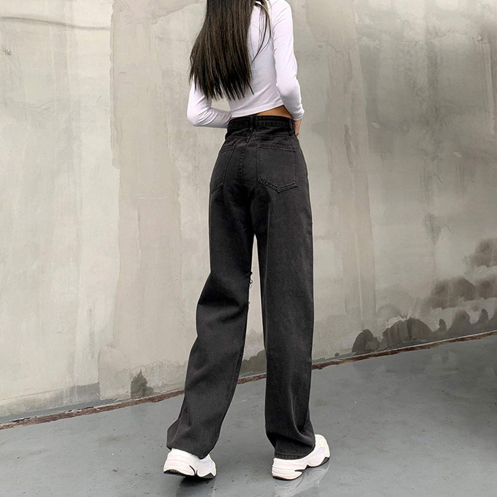 Womens Black Baggy Jeans for Teen Girls Y2K Pants High Waisted Ripped Boyfriend Distressed Grunge Jeans Trousers (A-Black, XL)