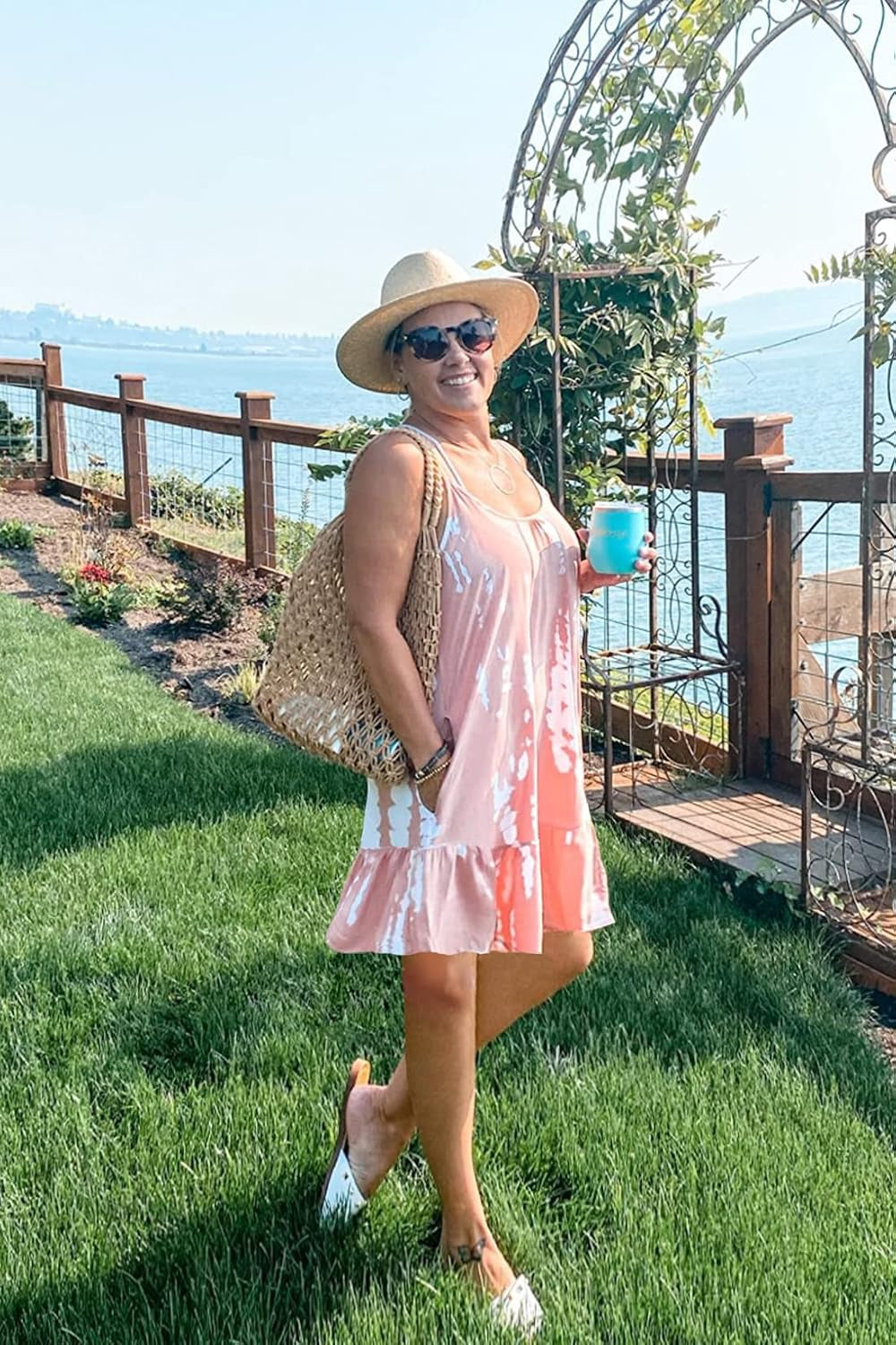 Women'S Spaghetti Strap Mini Dress V Neck Boho Floral Printed Casual Summer Beach Short Sundress with Pockets
