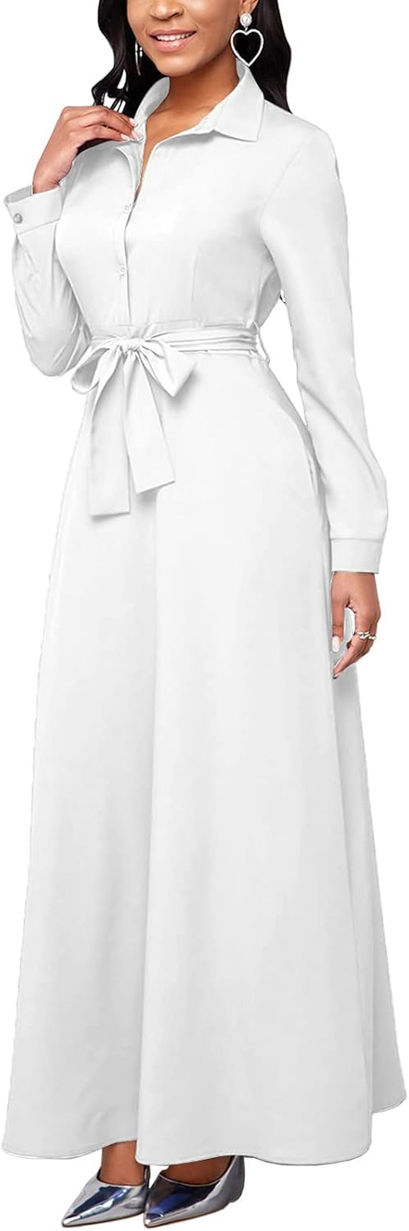 Casual Maxi Dresses for Women Long Sleeve plus Size Button down Maternity A-Line Dress with Pockets