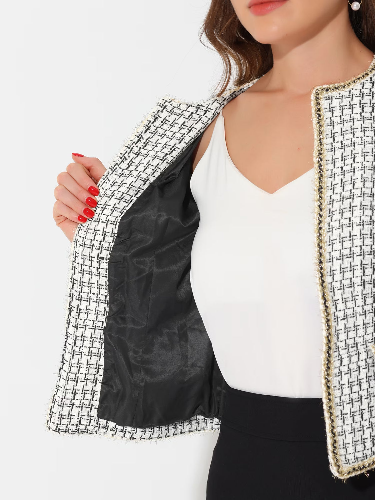 Women'S Plaid Tweed Open Front Office Short Blazer M White