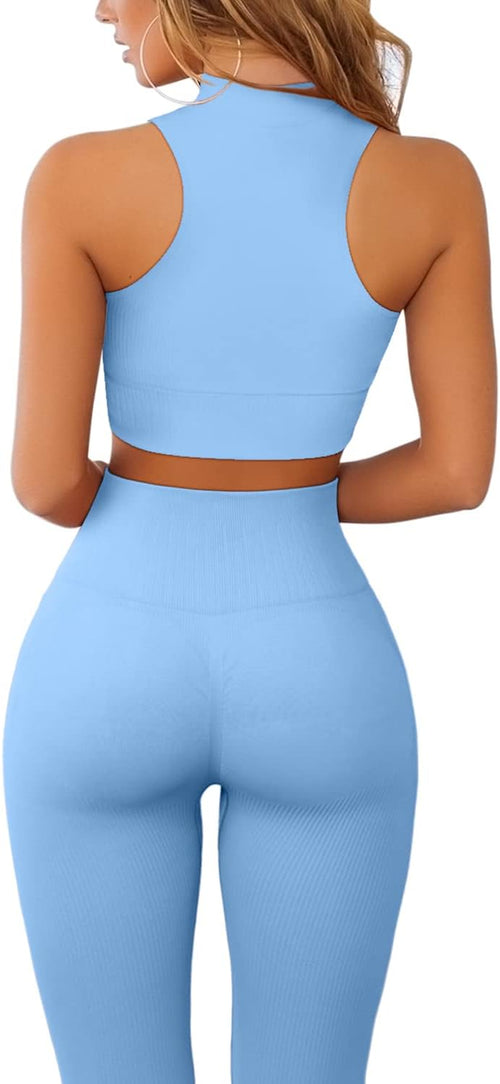 Womens Yoga Pants Bodycon 2 Piece Outfits High Neck Sport Shirts High Waisted Seamless Leggings Blue S