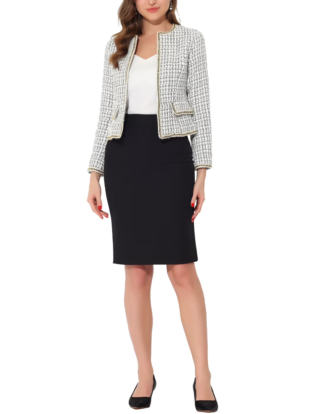 Women'S Plaid Tweed Open Front Office Short Blazer M White