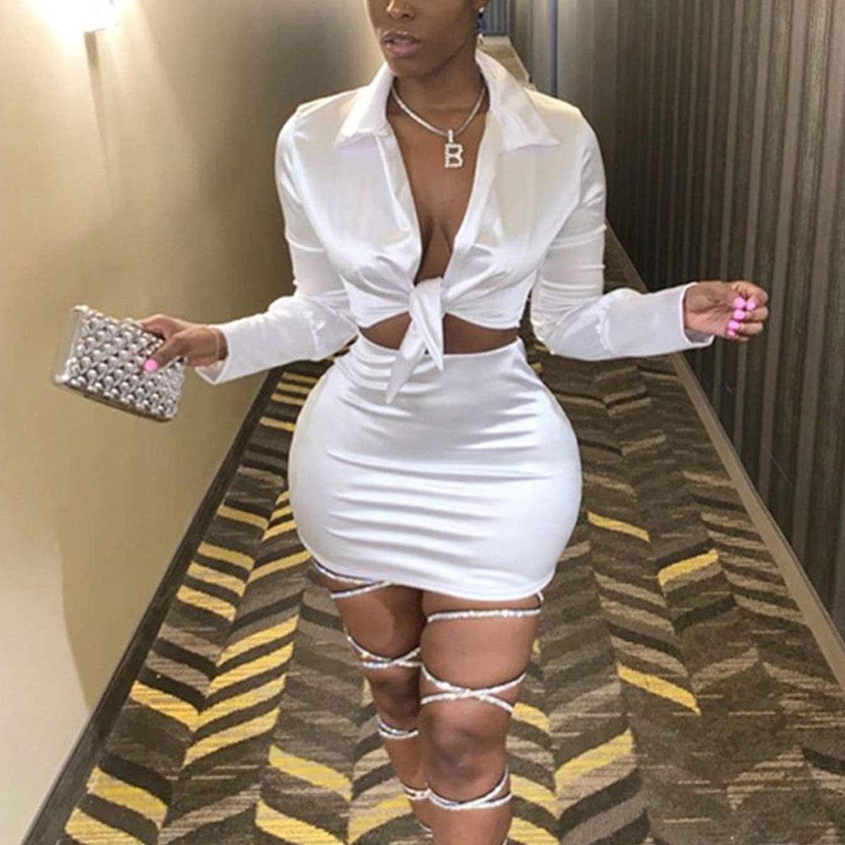 Womens Satin Sexy 2 Piece Outfits Crop Top & Mini Bodycon Skirt