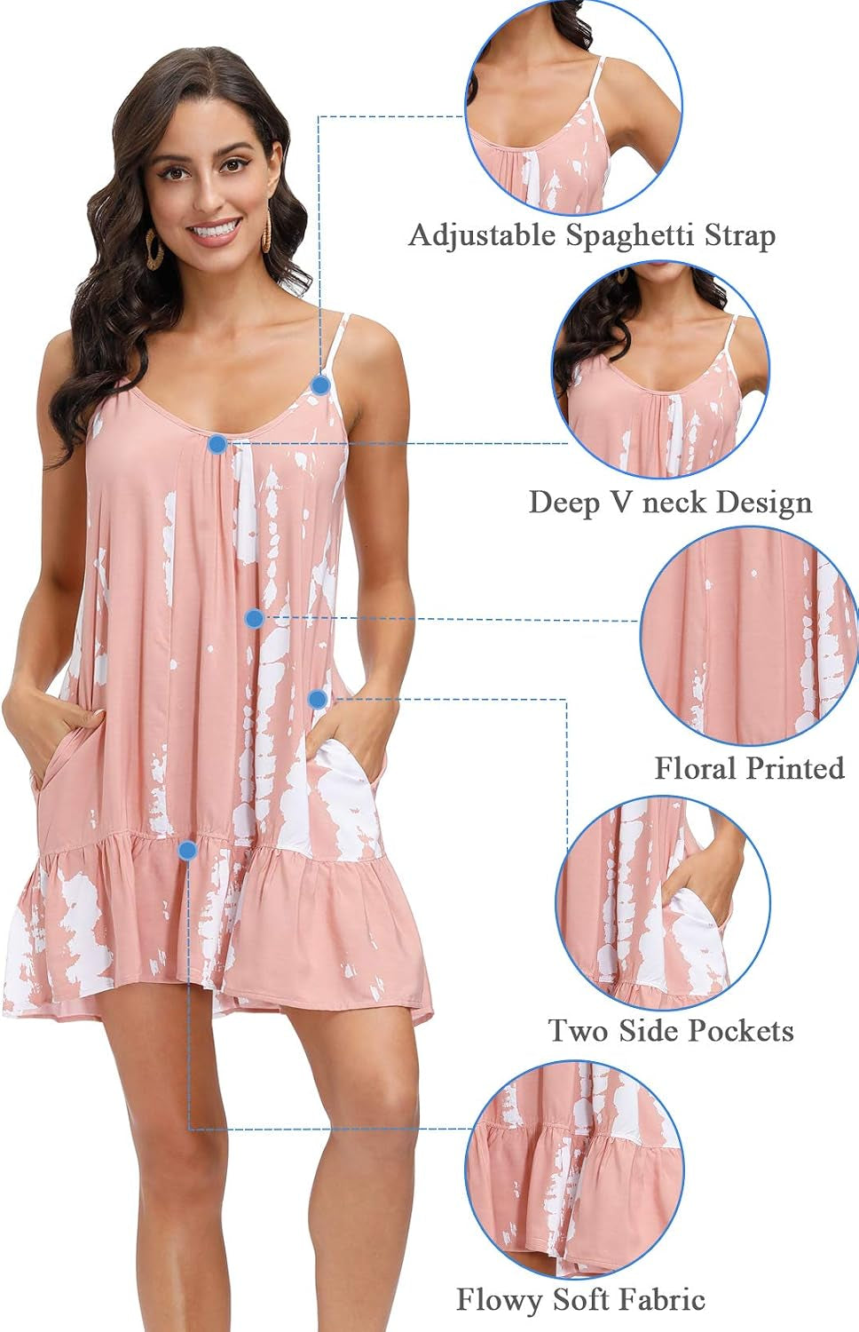 Women'S Spaghetti Strap Mini Dress V Neck Boho Floral Printed Casual Summer Beach Short Sundress with Pockets