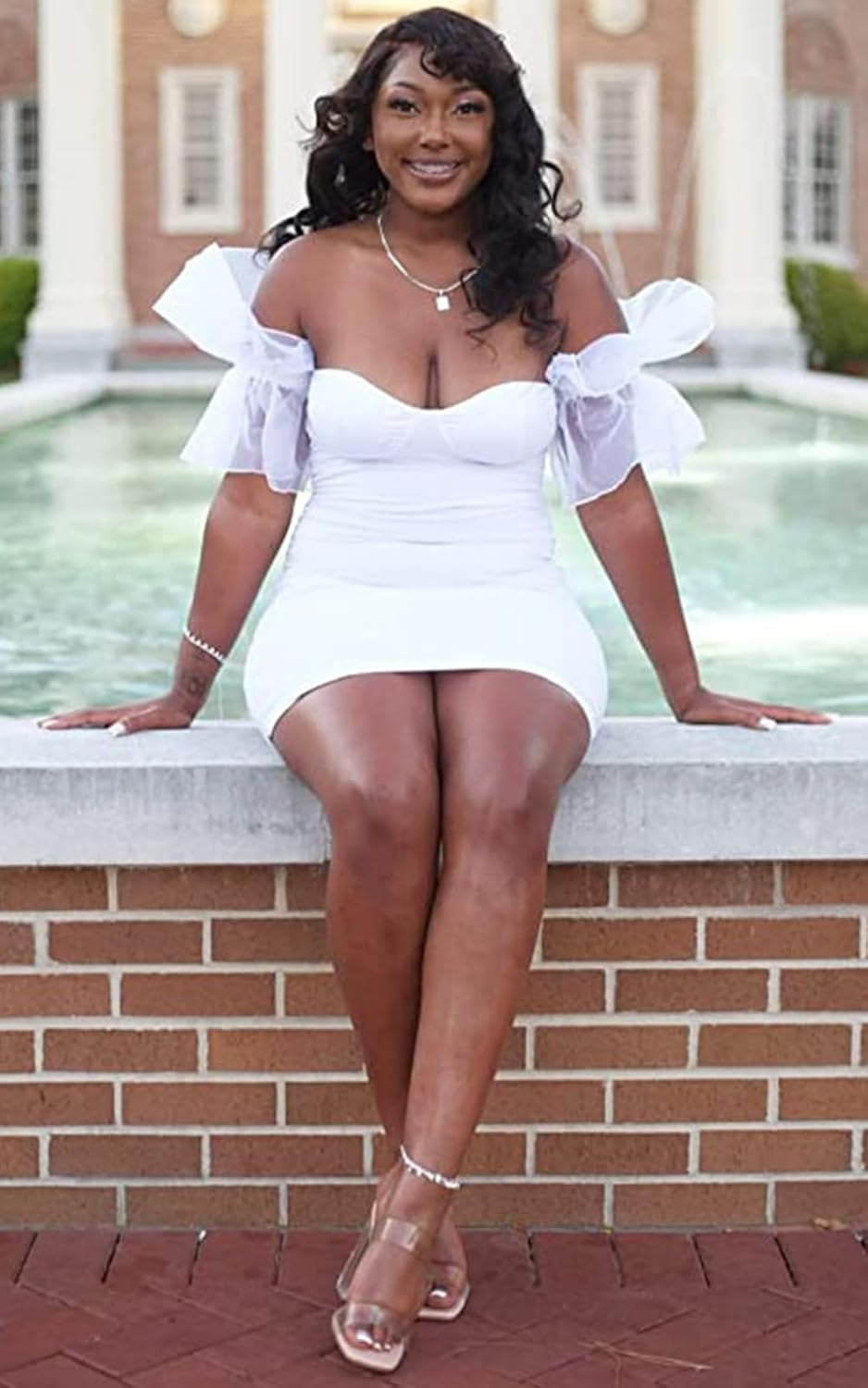 Birthday Dresses for Women Sexy, Puff Sleeve Bodycon Cocktail Dresses for Wedding Guest White Small