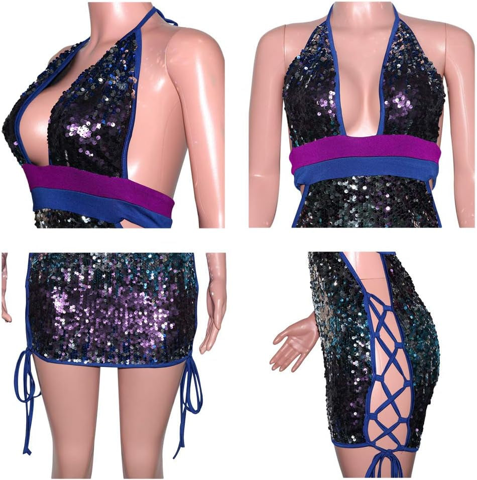 Women'S Glitter Sparkle Sexy Deep V Neck Sequin Halter Backless Bodycon Mini Nightclub Party Dress Blue M