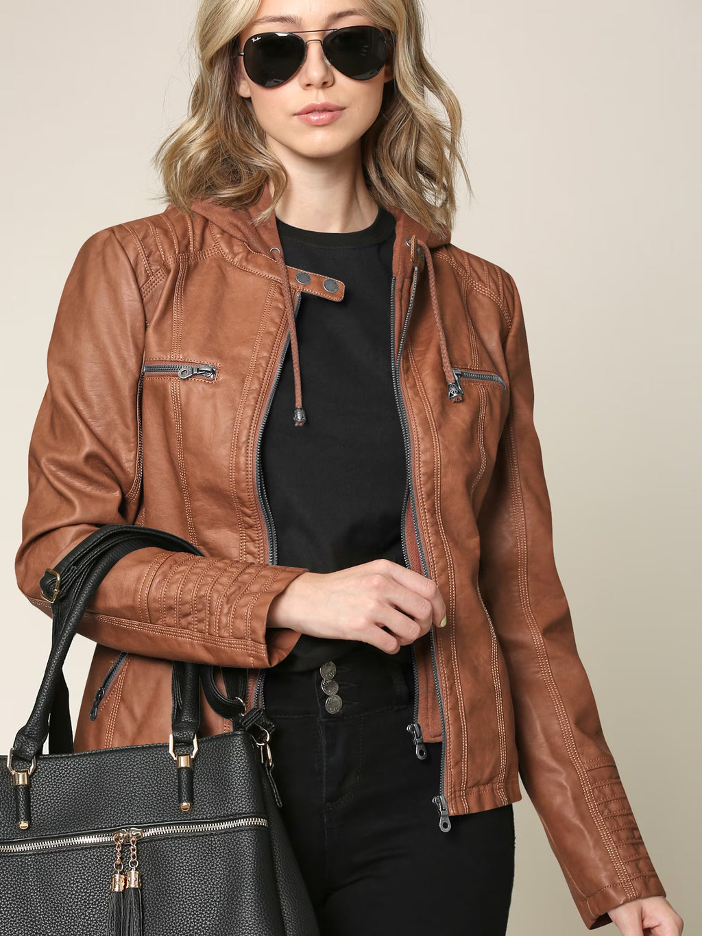 Women'S Removable Hoodie Motorcyle Jacket XXL CAMEL