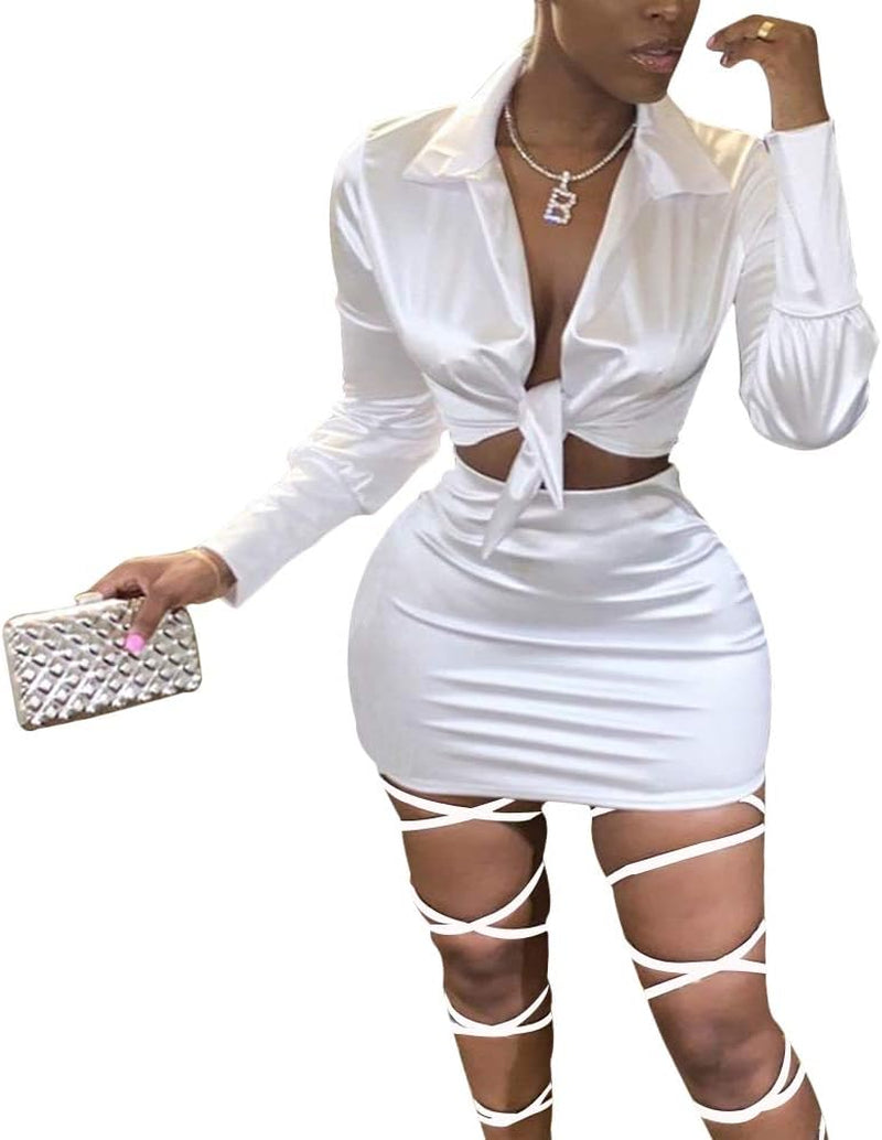 Womens Satin Sexy 2 Piece Outfits Crop Top & Mini Bodycon Skirt