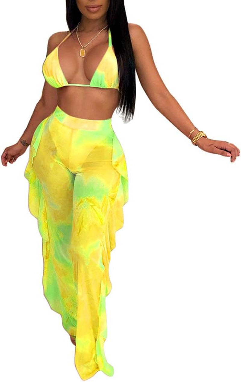 Womens 2 Piece Bikini Set Print Top Ruffle Pants Sets