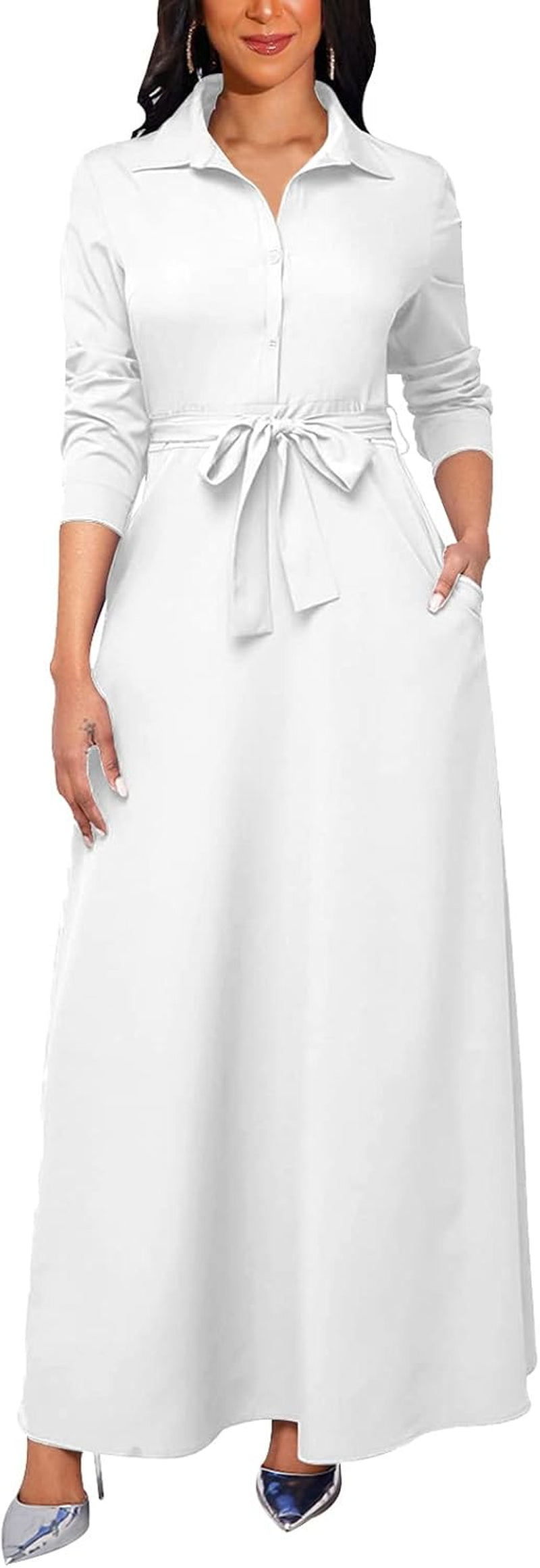 Casual Maxi Dresses for Women Long Sleeve plus Size Button down Maternity A-Line Dress with Pockets
