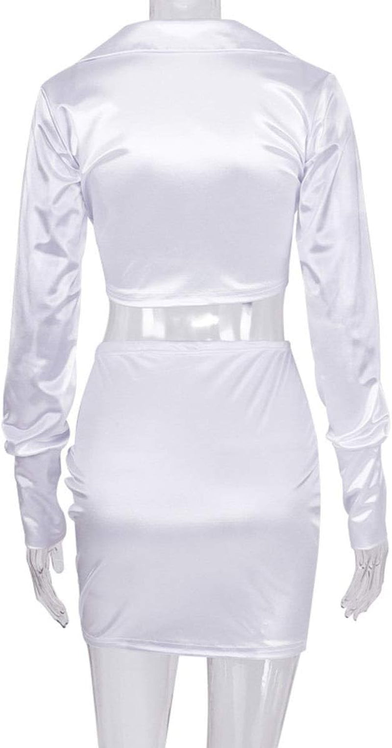 Womens Satin Sexy 2 Piece Outfits Crop Top & Mini Bodycon Skirt