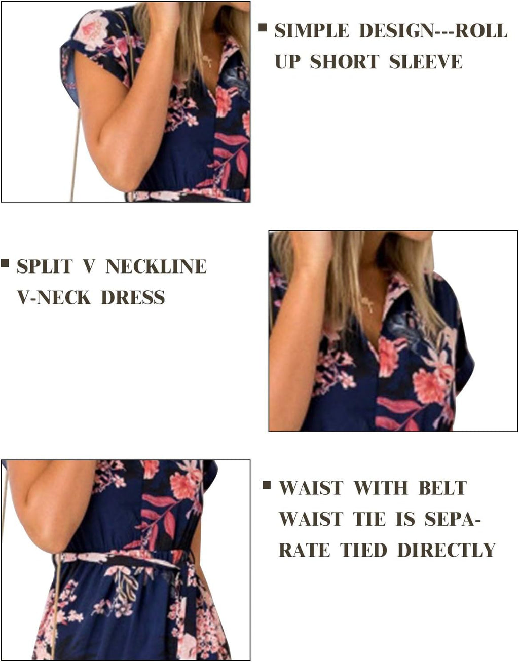 Women'S Dresses Summer Floral Geometric Pattern Short Sleeve Midi V-Neck Casual Dress with Belt S-2XL