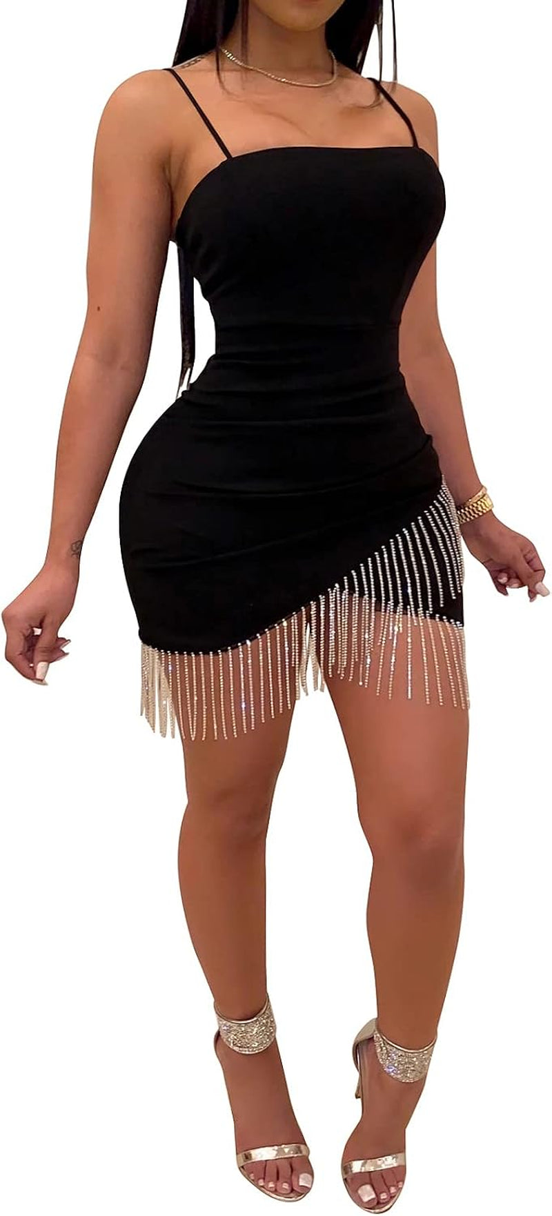 Women'S Bodycon Dresses Spaghetti Strap Ruched Club Dress Sequins Tassel Dress Party Clubwear