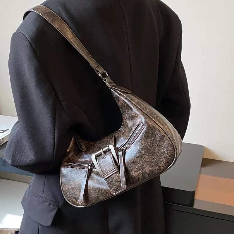 Retro Belt Design PU Leather Shoulder Bags for Women 2025 Y2K Small Vintage Female Underarm Crossbody Bag Fashion Handbags