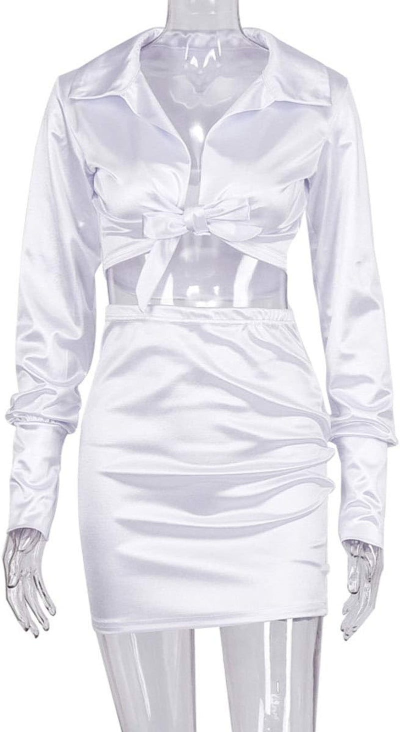 Womens Satin Sexy 2 Piece Outfits Crop Top & Mini Bodycon Skirt