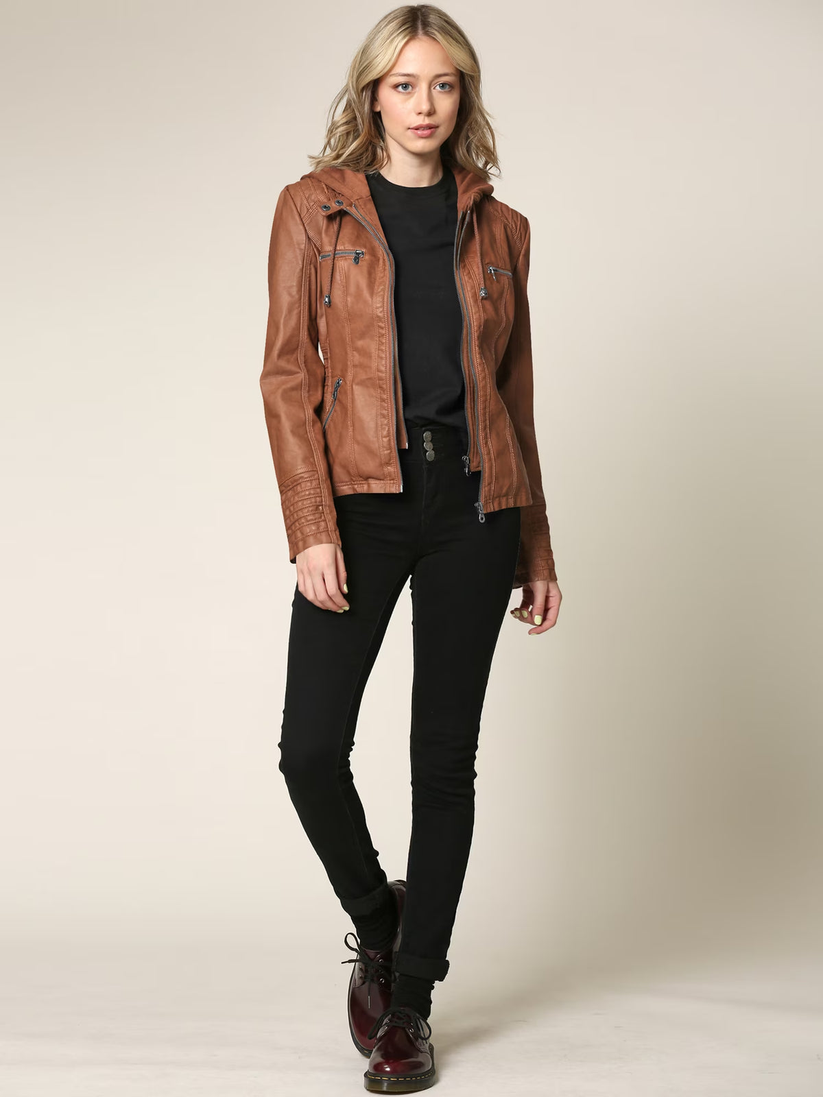 Women'S Removable Hoodie Motorcyle Jacket XXL CAMEL