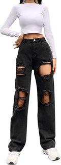 Womens Black Baggy Jeans for Teen Girls Y2K Pants High Waisted Ripped Boyfriend Distressed Grunge Jeans Trousers (A-Black, XL)
