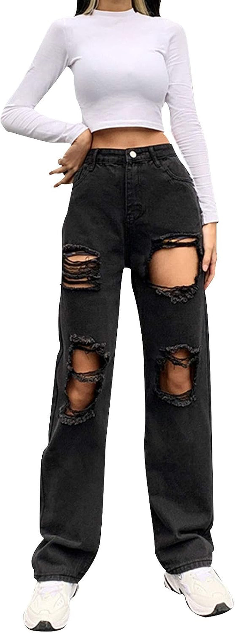 Womens Black Baggy Jeans for Teen Girls Y2K Pants High Waisted Ripped Boyfriend Distressed Grunge Jeans Trousers (A-Black, XL)
