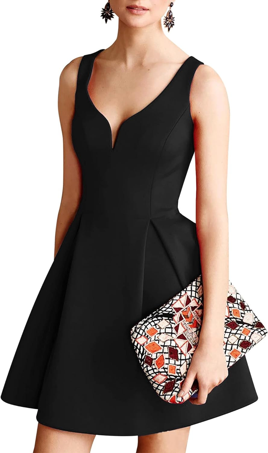 Women'S Sleeveless V Neck Casual Mini Dress Graduation Dinner Gowns Party Cocktail Dresses with Pockets OX366