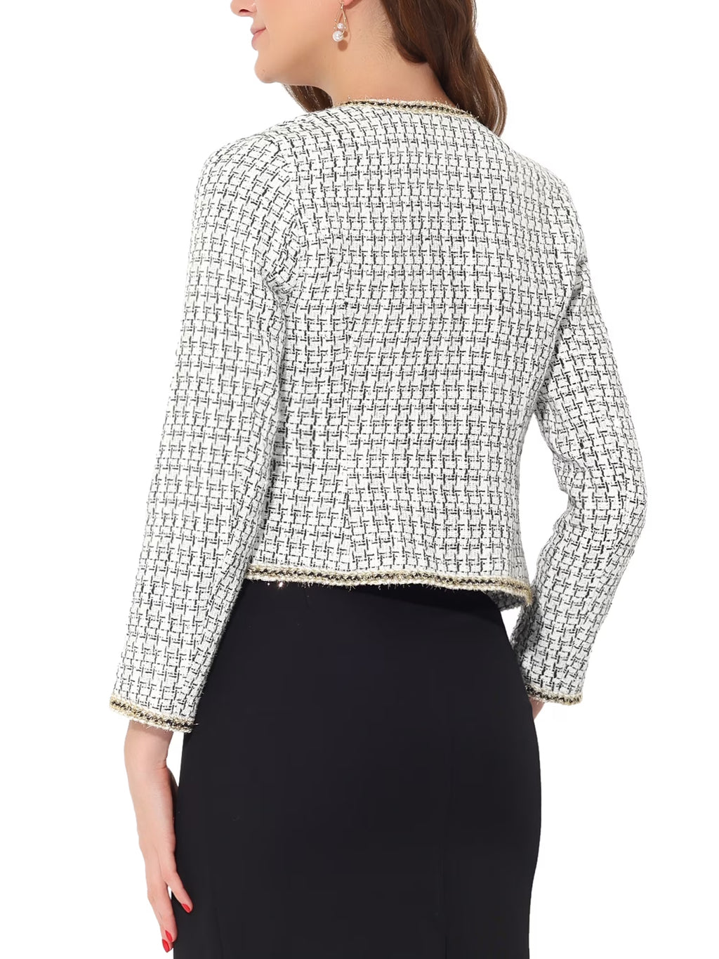 Women'S Plaid Tweed Open Front Office Short Blazer M White