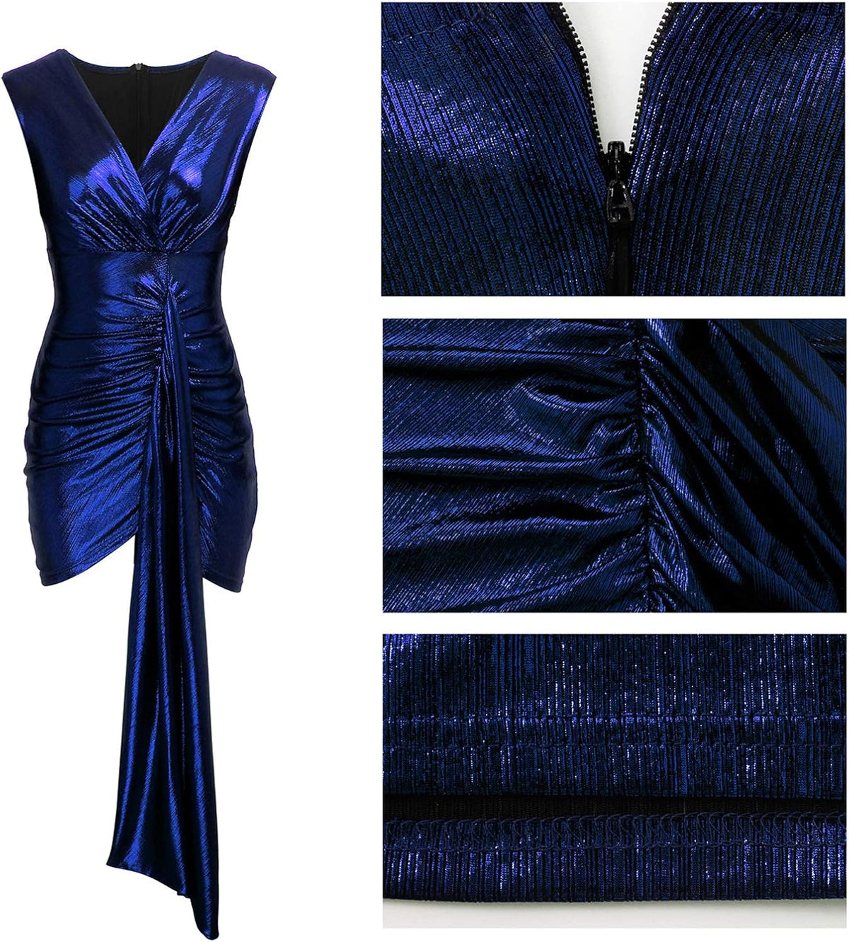 Bodycon Dresses for Women Party Night Sexy Deep V Neck Sleeveless Ruched Sparkly Bodycon Club Mini Dress (Large, Blue)