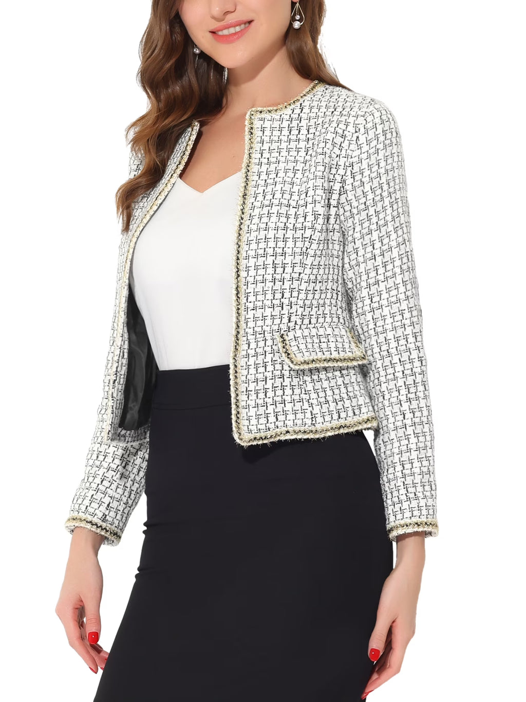 Women'S Plaid Tweed Open Front Office Short Blazer M White