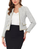 Women'S Plaid Tweed Open Front Office Short Blazer M White