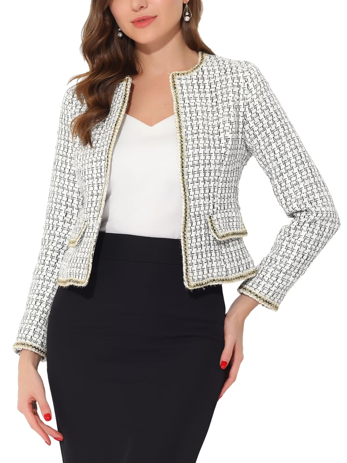 Women'S Plaid Tweed Open Front Office Short Blazer M White