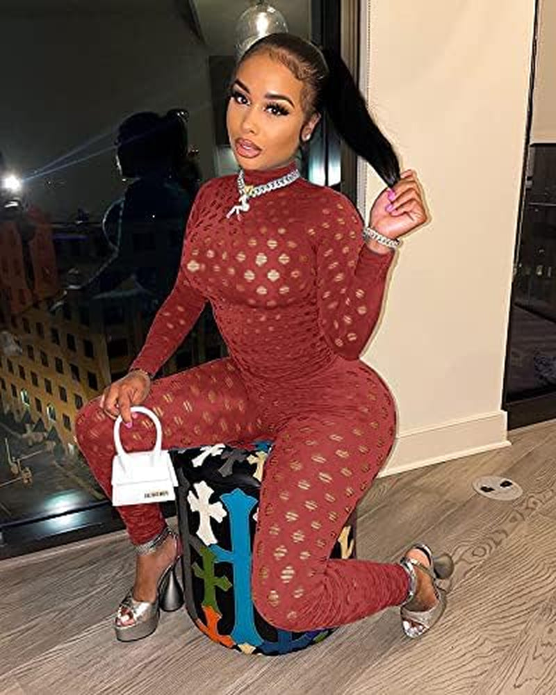Sexy Club Outfits for Women One Piece Jumpsuits Long Sleeve Bodysuits Bodycon Leggings Pants Suits