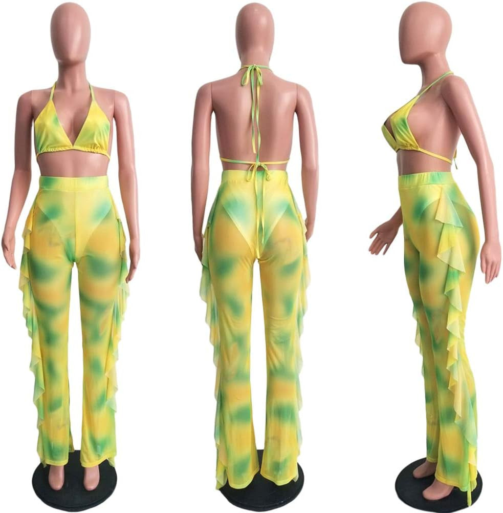 Womens 2 Piece Bikini Set Print Top Ruffle Pants Sets