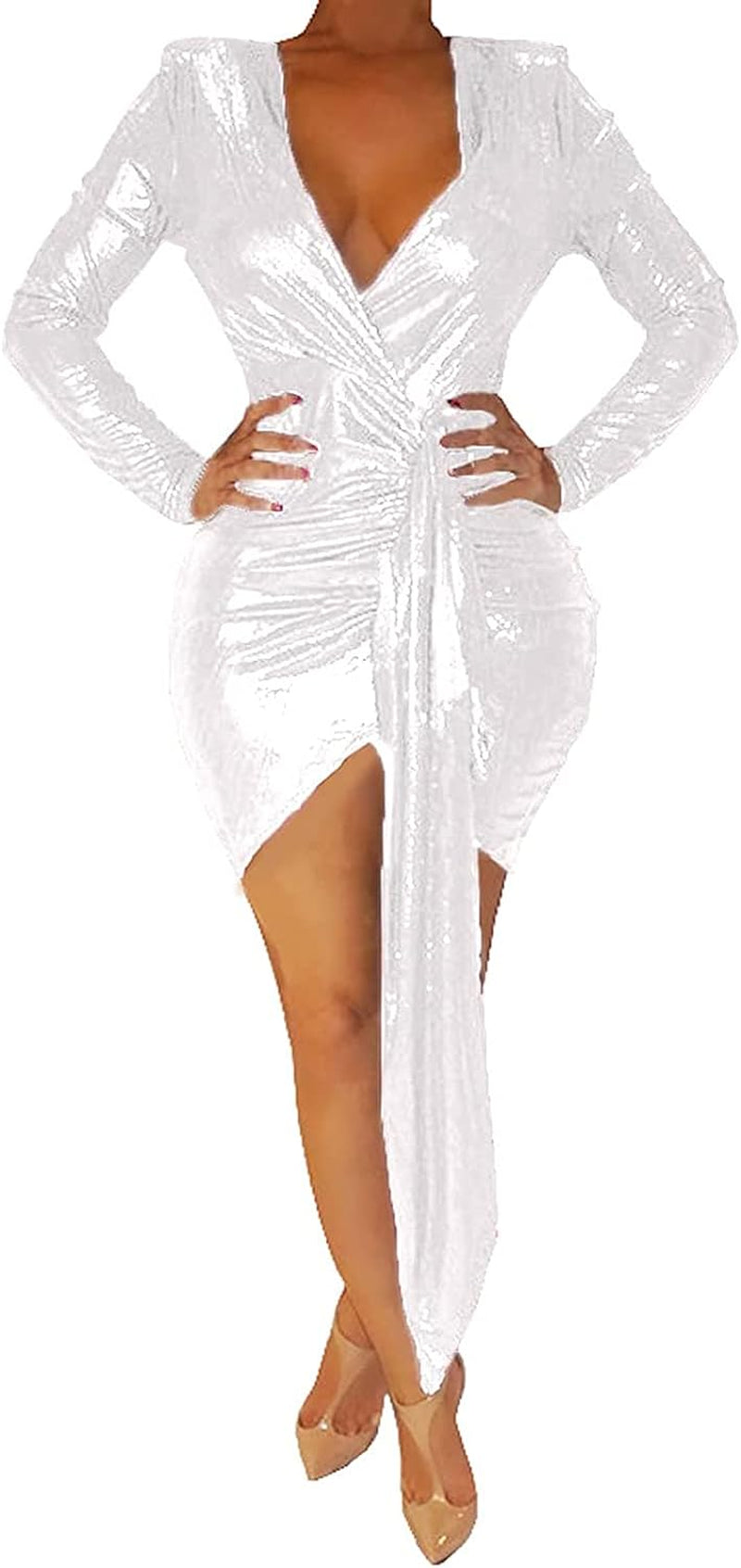 Women'S Sexy Dress Deep V Neck Ruched Sparkly Bodycon Club Mini Dresses