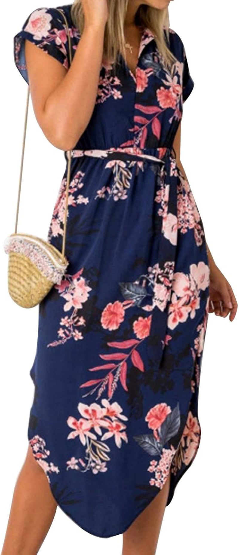 Women'S Dresses Summer Floral Geometric Pattern Short Sleeve Midi V-Neck Casual Dress with Belt S-2XL