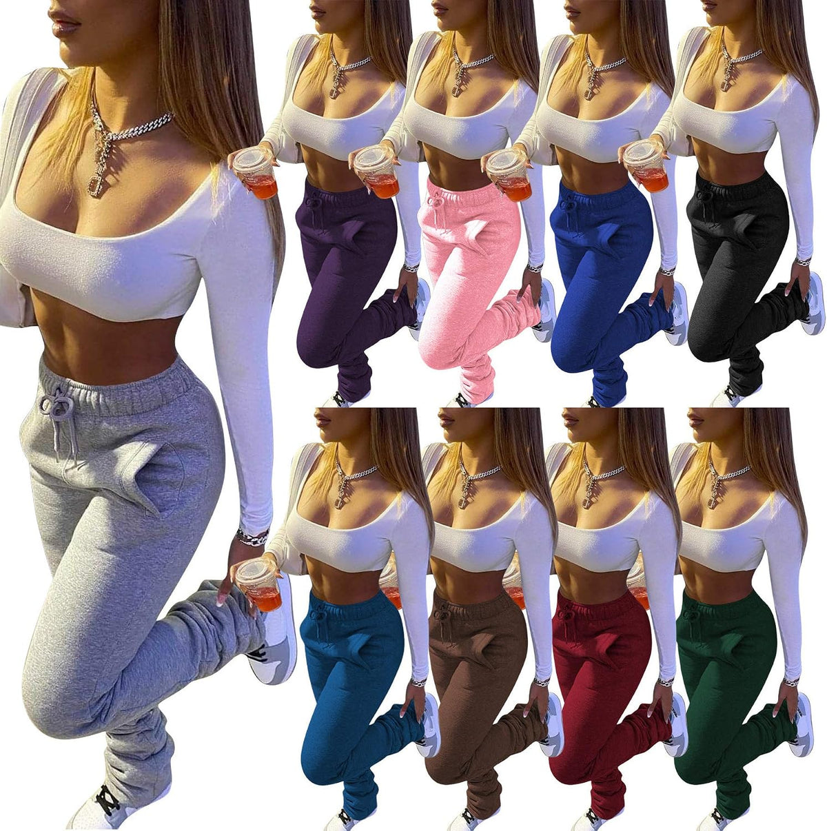 Women Stacked Pants Active Warm Fleece Sweatpants