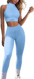 Womens Yoga Pants Bodycon 2 Piece Outfits High Neck Sport Shirts High Waisted Seamless Leggings Blue S
