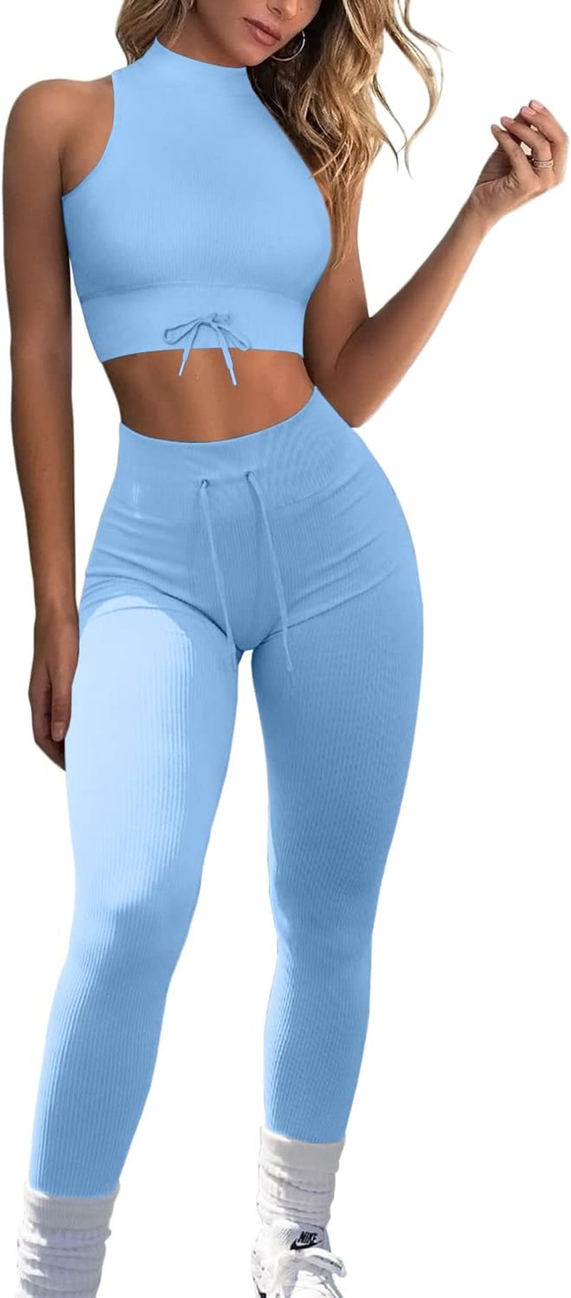 Womens Yoga Pants Bodycon 2 Piece Outfits High Neck Sport Shirts High Waisted Seamless Leggings Blue S