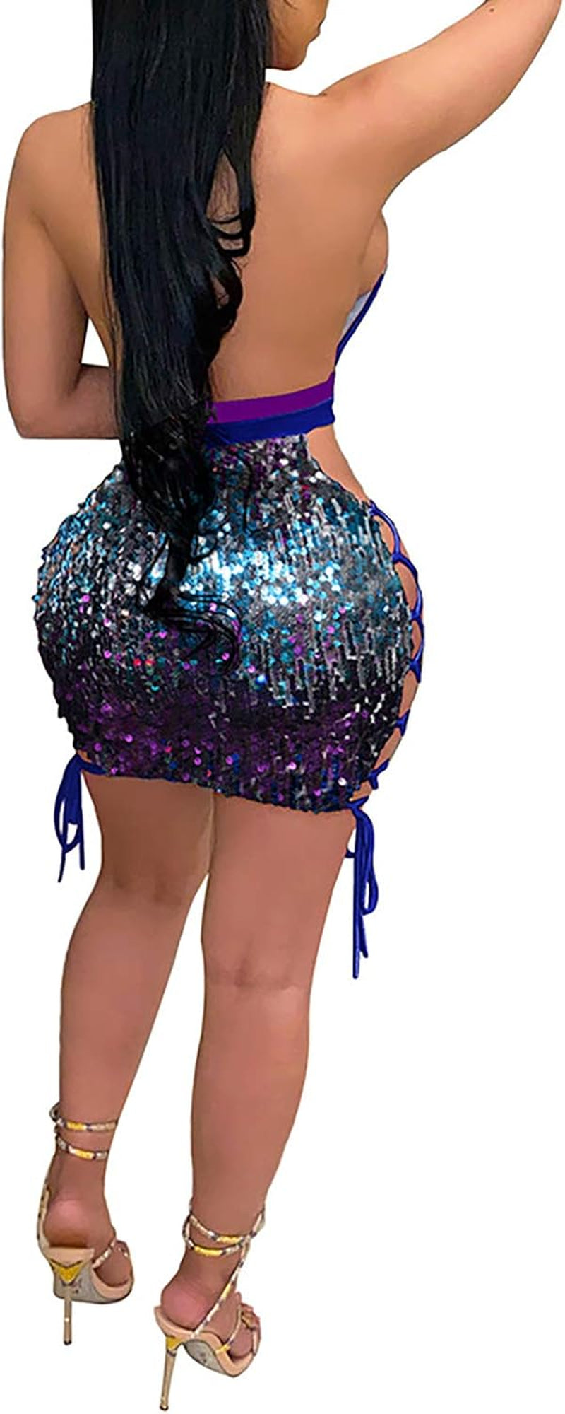 Women'S Glitter Sparkle Sexy Deep V Neck Sequin Halter Backless Bodycon Mini Nightclub Party Dress Blue M