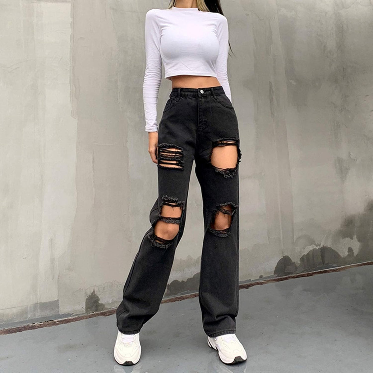 Womens Black Baggy Jeans for Teen Girls Y2K Pants High Waisted Ripped Boyfriend Distressed Grunge Jeans Trousers (A-Black, XL)