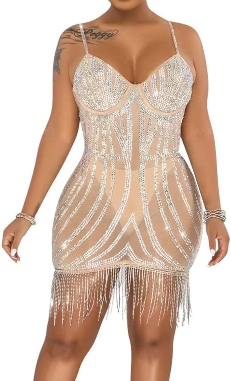 Sexy Party Cocktail Dresses for Women Spaghetti Strap Sleeveless Rhinestone Tassel Bodycon Mini Dress Apricot XL