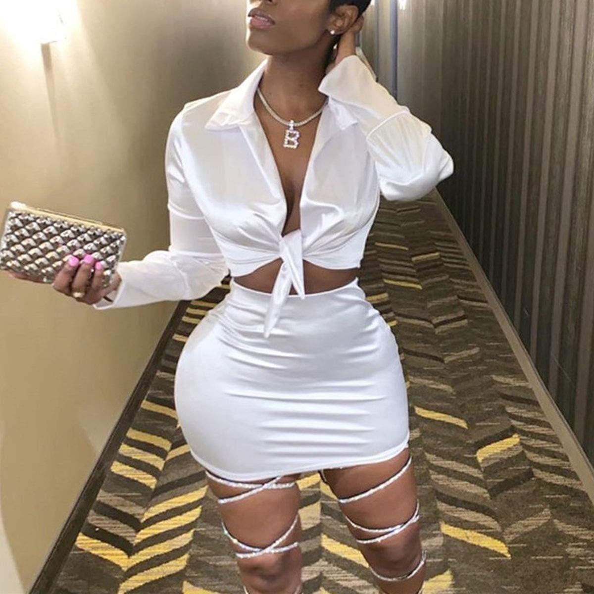 Womens Satin Sexy 2 Piece Outfits Crop Top & Mini Bodycon Skirt