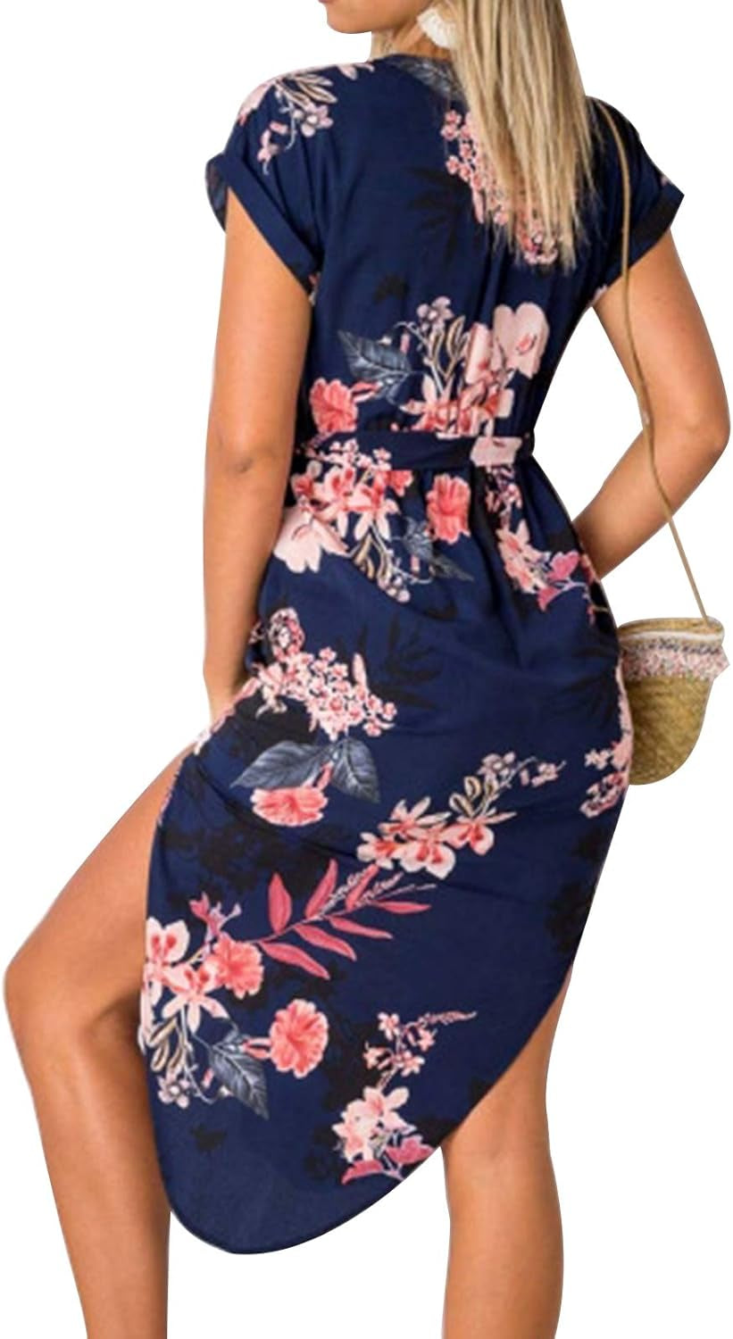 Women'S Dresses Summer Floral Geometric Pattern Short Sleeve Midi V-Neck Casual Dress with Belt S-2XL
