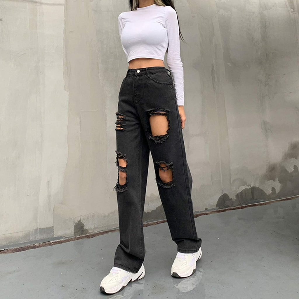 Womens Black Baggy Jeans for Teen Girls Y2K Pants High Waisted Ripped Boyfriend Distressed Grunge Jeans Trousers (A-Black, XL)