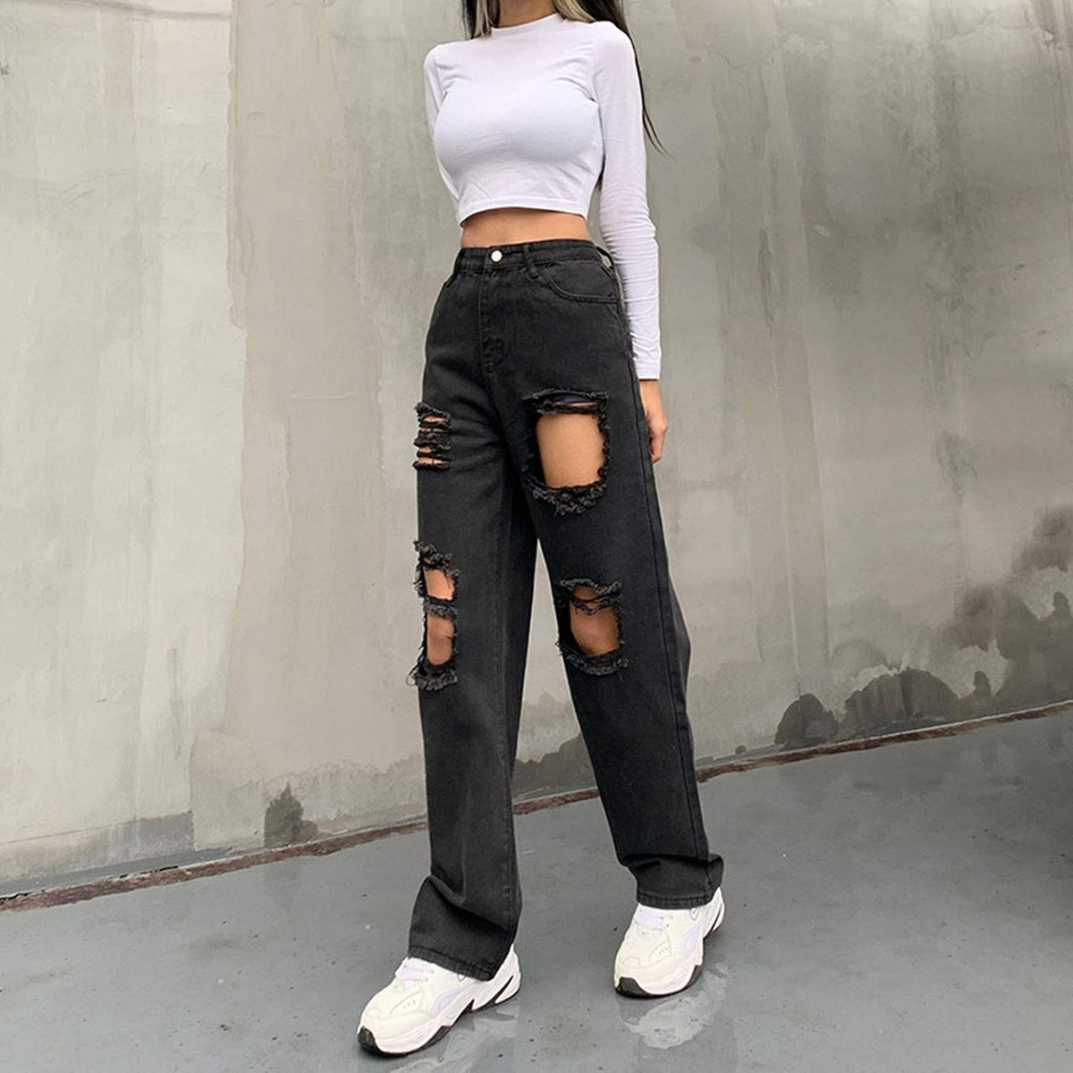 Womens Black Baggy Jeans for Teen Girls Y2K Pants High Waisted Ripped Boyfriend Distressed Grunge Jeans Trousers (A-Black, XL)