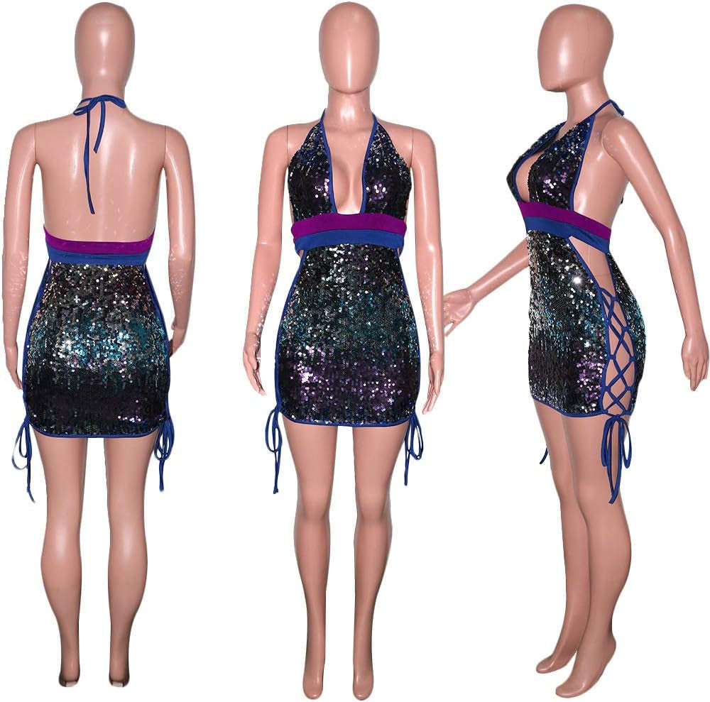 Women'S Glitter Sparkle Sexy Deep V Neck Sequin Halter Backless Bodycon Mini Nightclub Party Dress Blue M