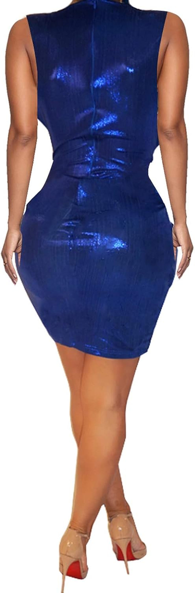 Bodycon Dresses for Women Party Night Sexy Deep V Neck Sleeveless Ruched Sparkly Bodycon Club Mini Dress (Large, Blue)