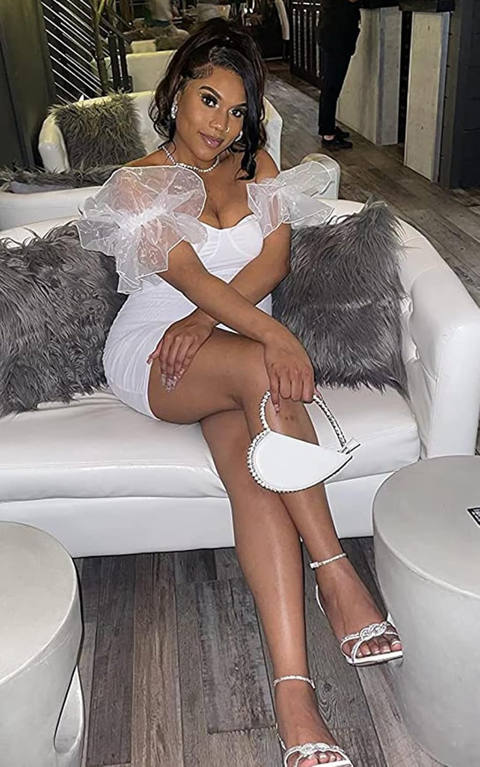 Birthday Dresses for Women Sexy, Puff Sleeve Bodycon Cocktail Dresses for Wedding Guest White Small