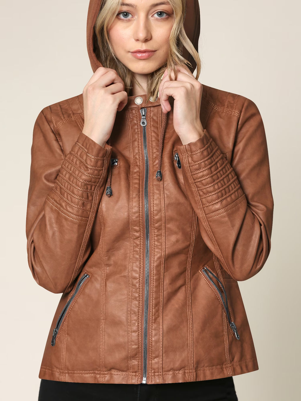 Women'S Removable Hoodie Motorcyle Jacket XXL CAMEL