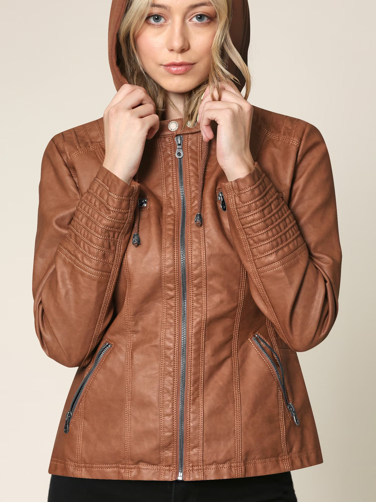 Women'S Removable Hoodie Motorcyle Jacket XXL CAMEL