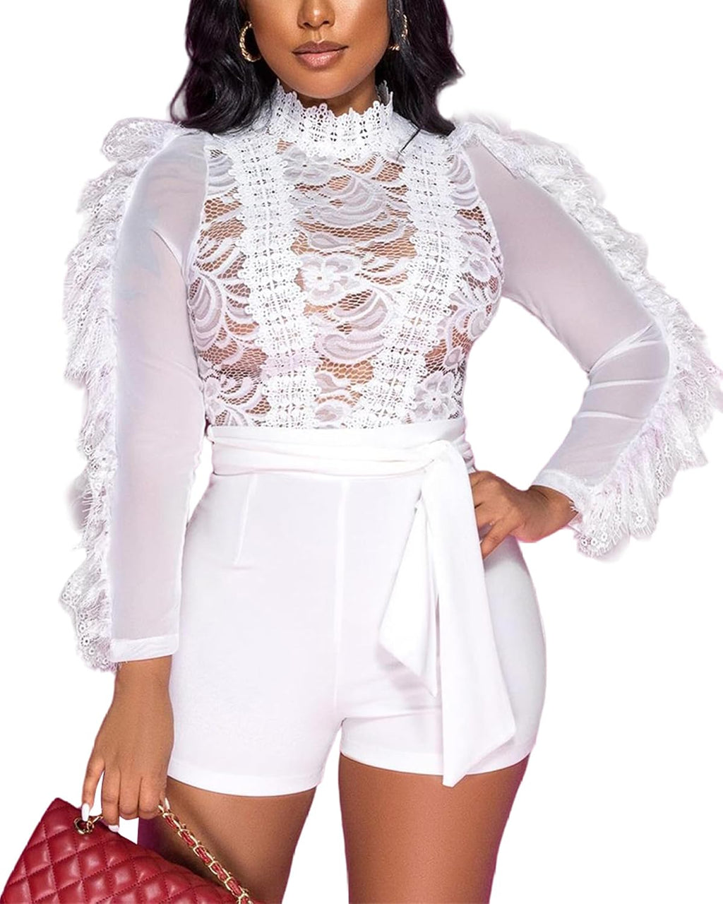 Women'S Lace Bodycon Romper, Long Sleeve Ruffle Short Party Jumpsuit