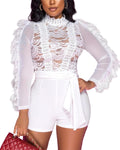 Women'S Lace Bodycon Romper, Long Sleeve Ruffle Short Party Jumpsuit